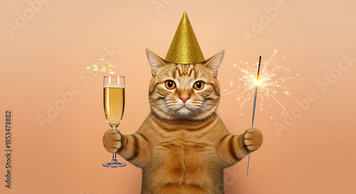 Celebrating feline a ginger cat with a party hat and sparkling accessories