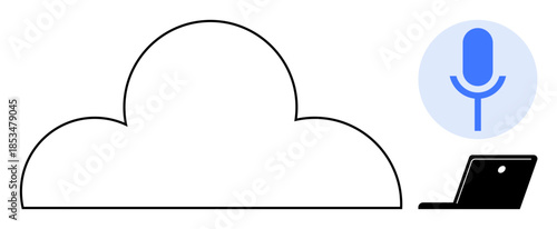 Cloud computing, voice recognition, data storage, technology integration, AI tools, digital transformation. A cloud, a microphone icon and a laptop. Cloud computing and voice recognition concept