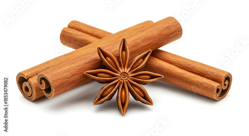 Cinnamon sticks and star anise spice arrangement on a white surface