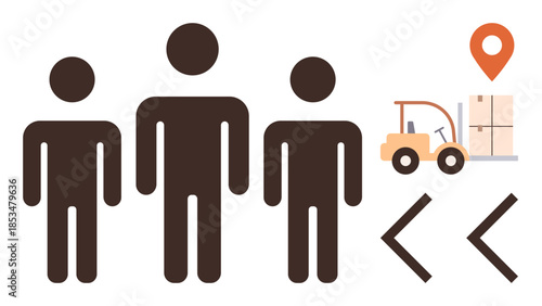 Three people, forklift moving boxes toward location pin. Ideal for teamwork, logistics, delivery, warehouse planning, operation management, transport, simple flat metaphor
