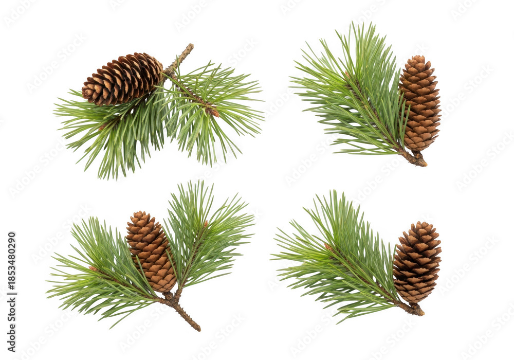Naklejka premium Four pine branches with cones on a black background