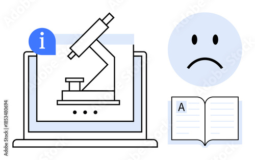 Education challenges. Visual elements of a microscope on a laptop, a sad face, and a book online science education difficulties. Education self-learning, e-learning support tutorials, digital
