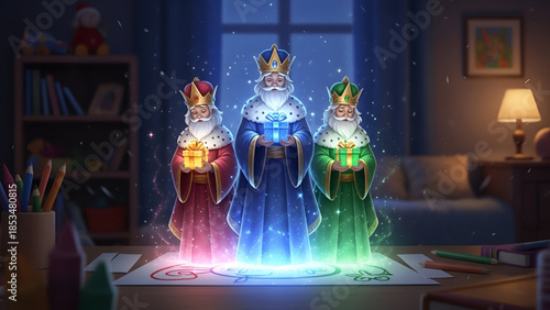 Epiphany magical night scene with wise kings holding gifts inside a warm home space showing faith belief spirituality tradition culture childhood wonder and timeless religious celebration commercial