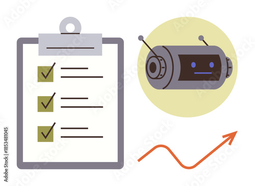 Clipboard with checklist, robot assistant, upward trendline symbolize task completion, AI, productivity. Ideal for automation, progress, innovation strategy organization growth teamwork. Simple