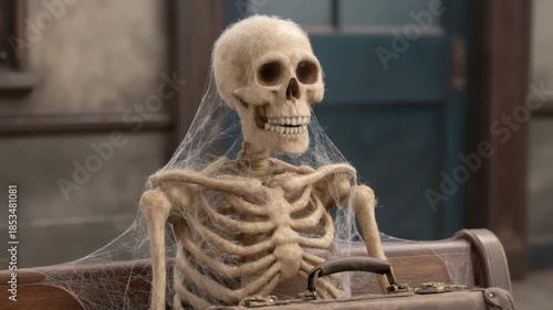 Skeleton Sitting on a Bench with a Suitcase Surrounded by Spider Webs in a Spooky Atmosphere 4k video footage