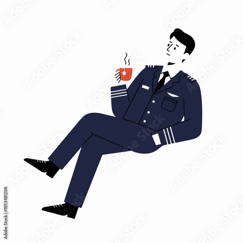 A relaxed professional male pilot in uniform enjoys a hot drink break.