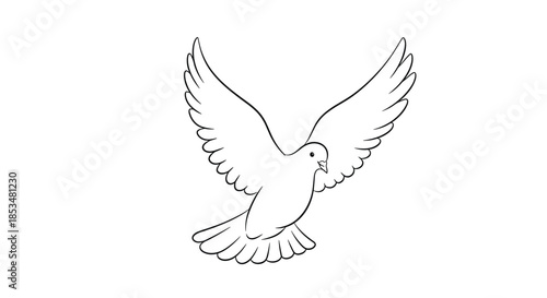 Simple black line drawing of a white dove flying with its wings spread wide, serving as a classic symbol of peace, hope, and freedom.