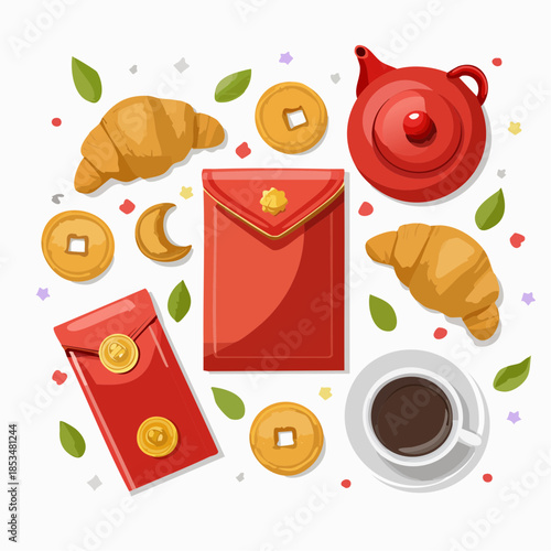 Celebrating the 2026 Chinese New Year of the Fire Horse with red envelopes, gold coins, and festive treats symbolizing prosperity and good luck
