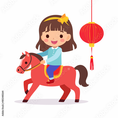Joyful girl celebrating Chinese New Year 2026 riding a festive fire horse toy with traditional red lantern decorations, symbolizing luck and prosperity for the future