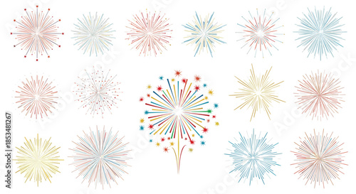 Extensive set of fifteen different firework bursts in various colors and shapes, perfect for celebrating holidays and special events.
