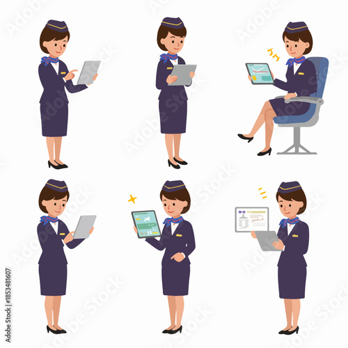 Flight Attendant Using Digital Devices Illustration Set. Cabin Crew Professional Working with Tablet and Laptop in Various Poses.