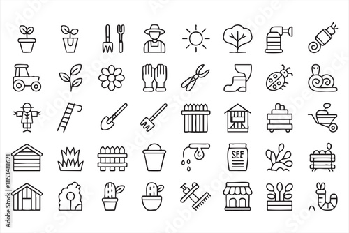 Garden Tools and Plant Line Icons for Landscaping Use