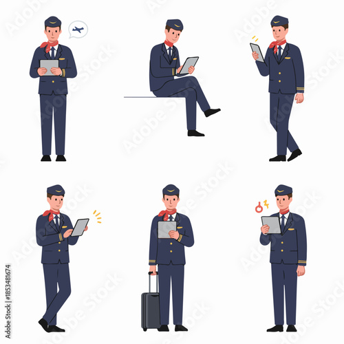 Male Flight Attendant Character Set Using Tablet Devices in Various Poses for Aviation and Customer Service Illustrations.