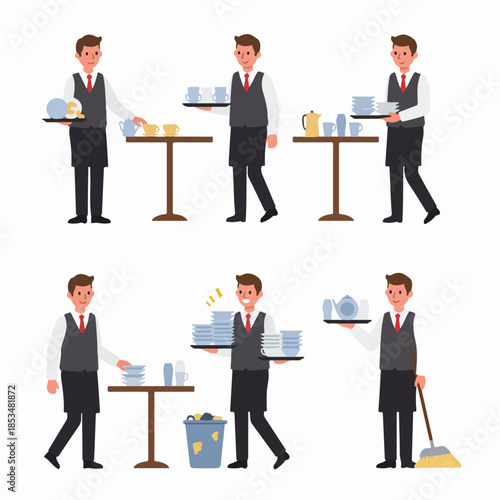 Waiter duties vector illustration set: serving food, clearing dirty dishes, carrying stacks of plates, and sweeping the restaurant floor.