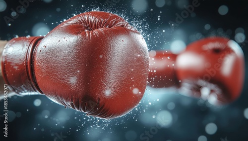 Dynamic Close-Up of Red Boxing Gloves with Water Splashes.
