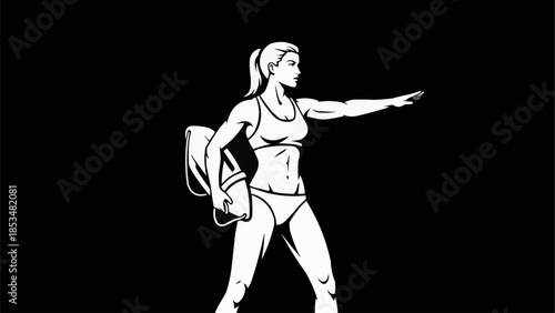 Stylized female traveler with backpack pointing forward.