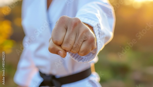 Karatekas Fist Punching Forward in a Dynamic Martial Arts Stance.