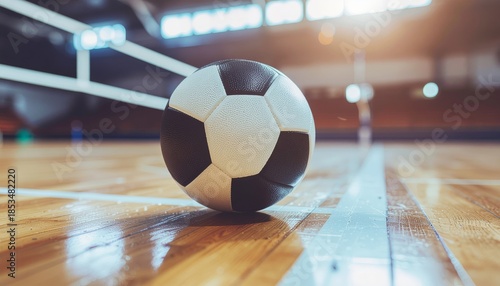 Soccer ball on a wooden court with stadium lights in the background.
