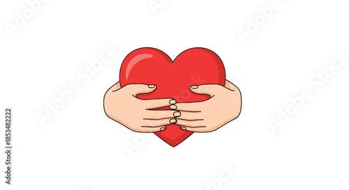 Two hands gently holding a large red heart symbol together to represent love, care, support, and human connection or charity efforts.