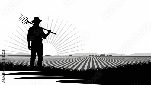 Silhouette of a farmer standing with a rake.