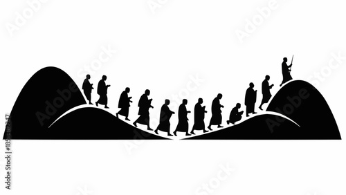 Line of silhouetted people walking along a curved path.