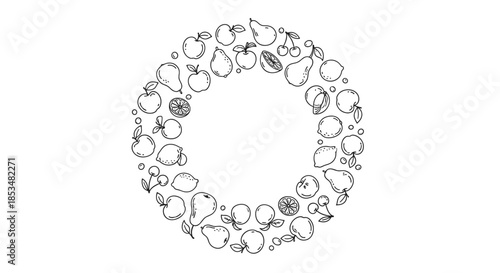 Circular border composed of various hand drawn fruit sketches including apples, pears, and cherries for healthy eating or farm concepts.