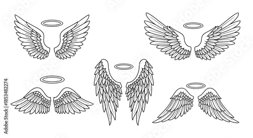 Collection of different hand drawn angel wings with golden halos, symbolizing divinity, protection, and heavenly beings in various styles.