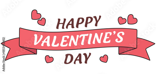 Happy Valentine's Day Lettering on Pink Ribbon with Hearts
