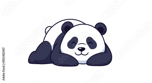 Adorable black and white cartoon panda bear sleeping peacefully on its stomach with a gentle smile and closed eyes on white background.