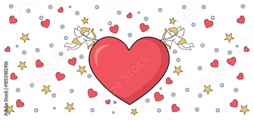 Cute Valentine's Day Background with Heart, Cupids, and Stars