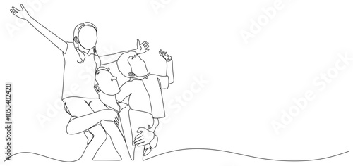Continuous line drawing of a happy father carrying children on shoulders