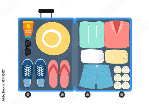 Opened suitcase full of things. Travel baggage, luggage, trip attribute vector illustration on white background.