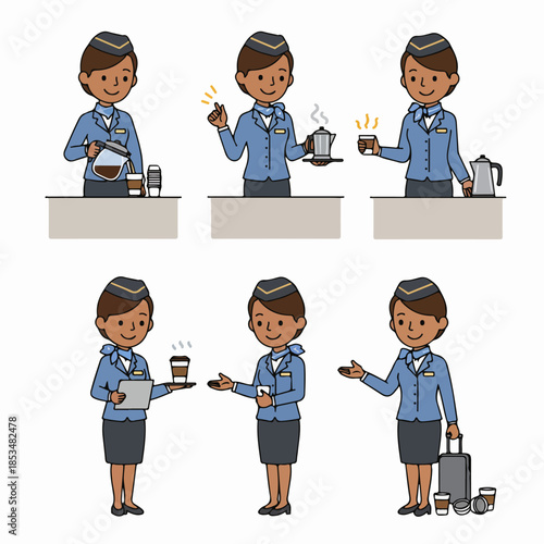 Set of illustrations showing a smiling African American female flight attendant serving coffee and performing various aviation service duties.
