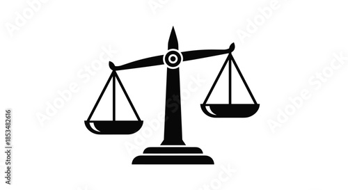 Balanced black silhouette of the scales of justice, representing law, legal system, fairness, equality, and judicial decisions.