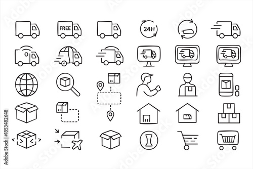 Ecommerce Shipping and Courier Line Icons for Delivery Apps