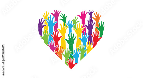 Large heart shape composed of many colorful raised hands in different sizes, symbolizing diversity, community, volunteerism, and love.
