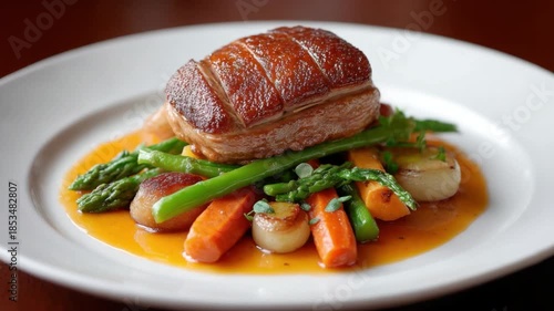 Juicy Roast Pork Dish with Colorful Vegetables and Savory Sauce Presentation on White Plate 4k video footage