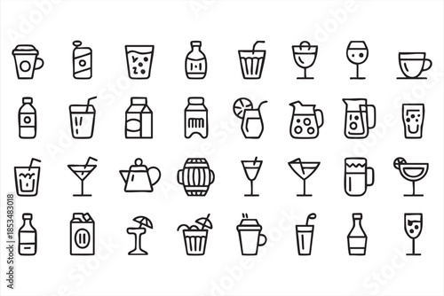 Beverage and Drink Line Icons for Cafe Menus and Bar Applications