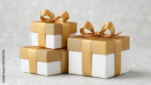 Three Elegant Gift Boxes with Golden Ribbons on a Sparkling Silver Background 4k video footage