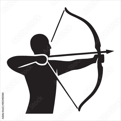 Black Archer Silhouette Standing with Bow and Arrow Aiming Vector Icon