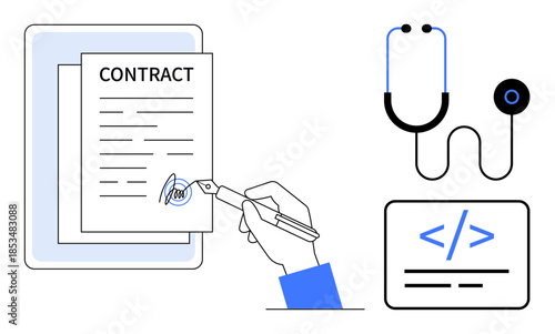 Contract signing, digital agreements, healthcare systems, medical technology, web development, partnerships. Hand signing a contract, stethoscope coding card. Digital agreements and healthcare