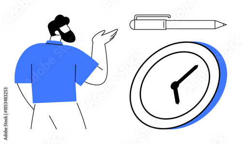 Time management, deadlines, productivity, efficiency, organization, scheduling. Illustration features a man gesturing towards a pen and a large clock. Time management and productivity