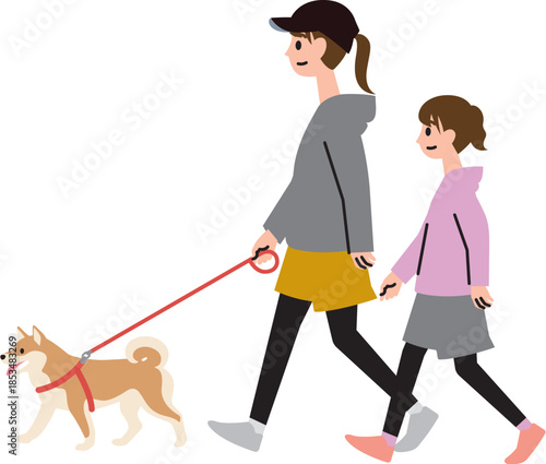 カジュアルな服装で柴犬の散歩をする親子（若いお母さんと娘）