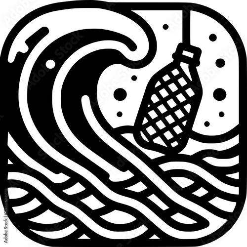Wave and Trash: A visual representation of pollution in the ocean, depicting a wave encompassing trash in a fishing net, a stark reminder of environmental challenges.