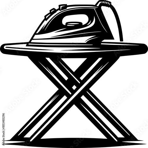 Home Appliance Silhouette: A sleek iron, poised atop its board, embodies the art of precise ironing, standing for smooth fabric care and a pristine appearance.