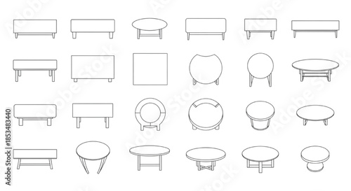 Collection of various top-down and front view coffee and dining table designs