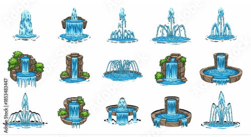 Set of Decorative Water Fountains and Cascades Cartoon-style Illustrations for Parks and Gardens