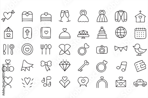 Wedding and Love Line Icons for Romantic Events and Celebrations