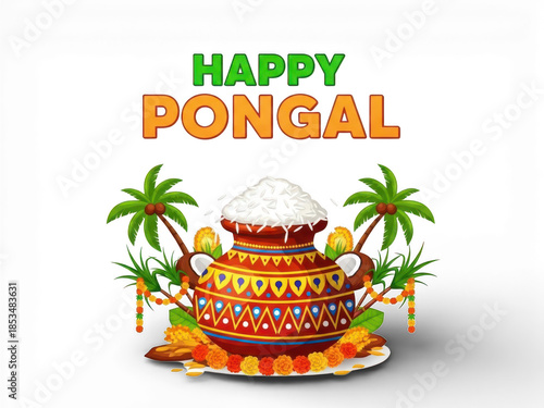 Happy pongal pot with palm trees isolated on transparent background
