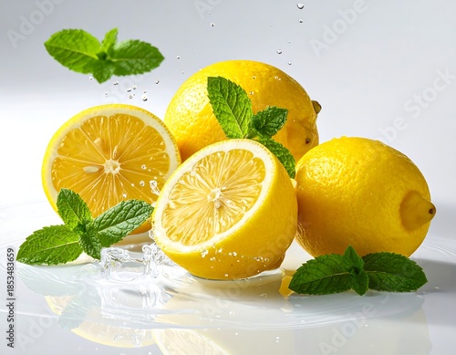 Close-up of lemons and mint leaves with water droplets